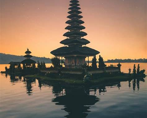 Lakeside temple at sunset in Bali
