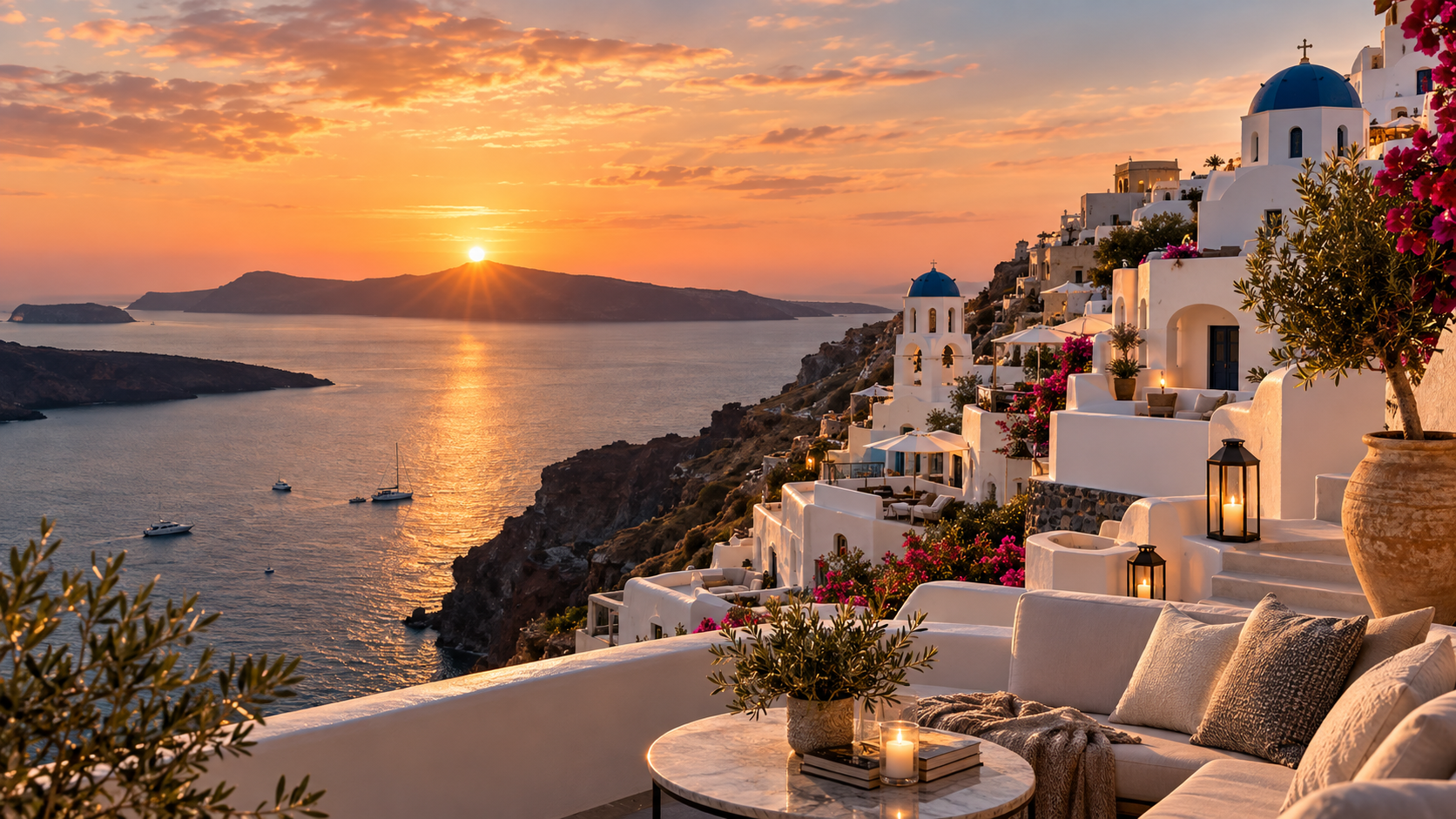 Sunset over the whitewashed cliffs and caldera of Santorini, Greece